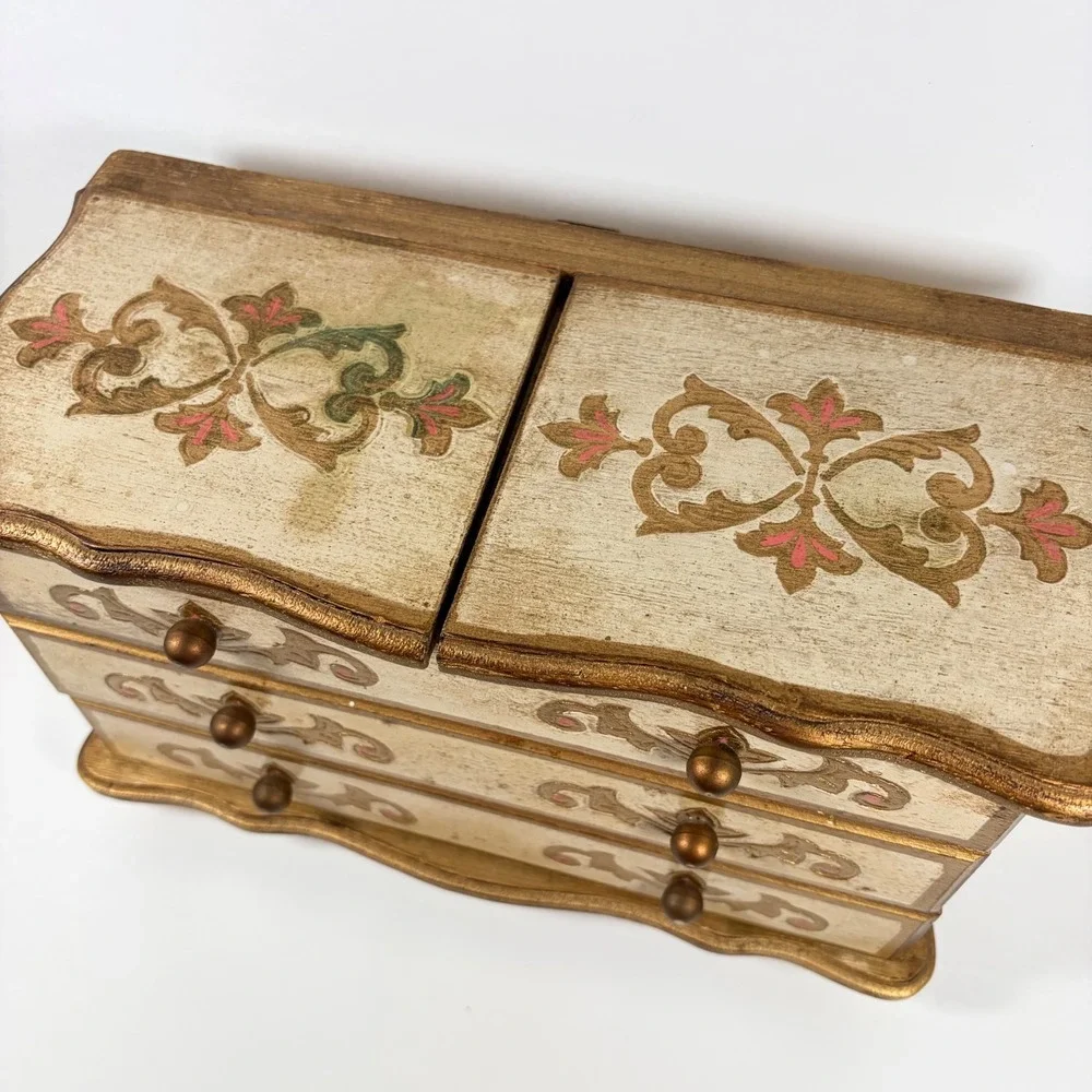 1970s Florentine Style Wooden Music Jewelry Chest Box Japan Love Story
